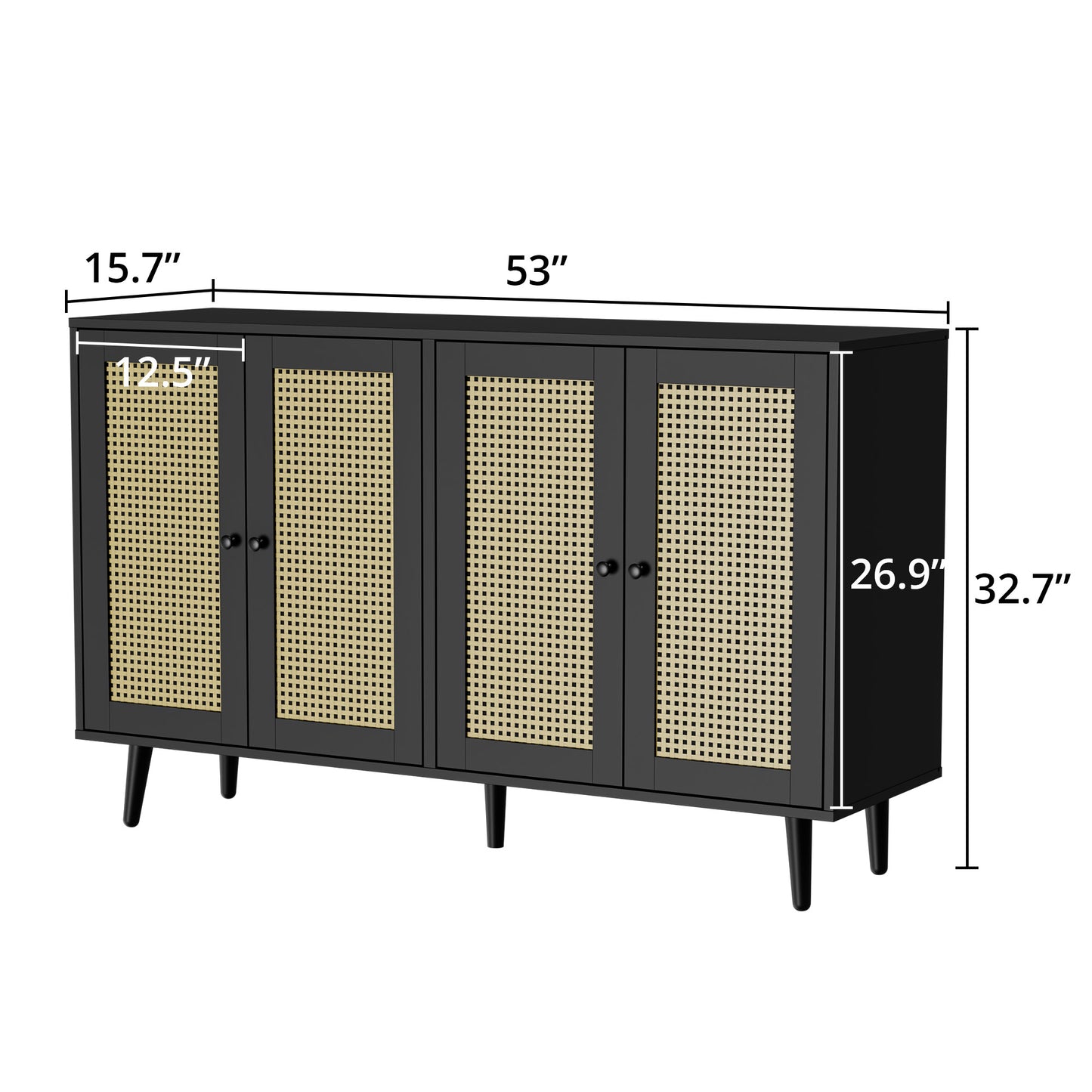 Cozy Castle Rattan Buffet Cabinet with Storage, Accent Sideboard Cabinet with 4 Rattan Doors, Black