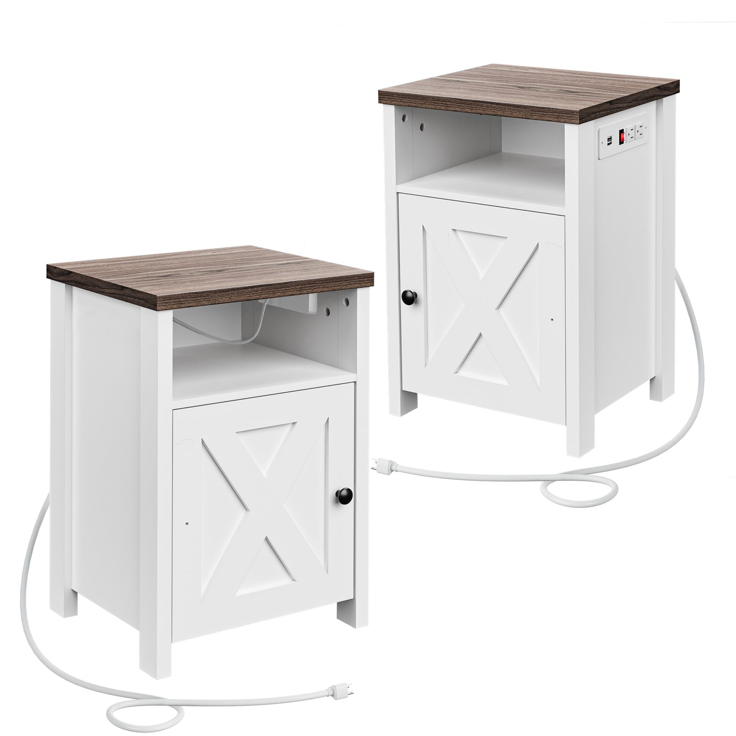 Cozy Castle Farmhouse Nightstands Set of 2 with Charging Station, White