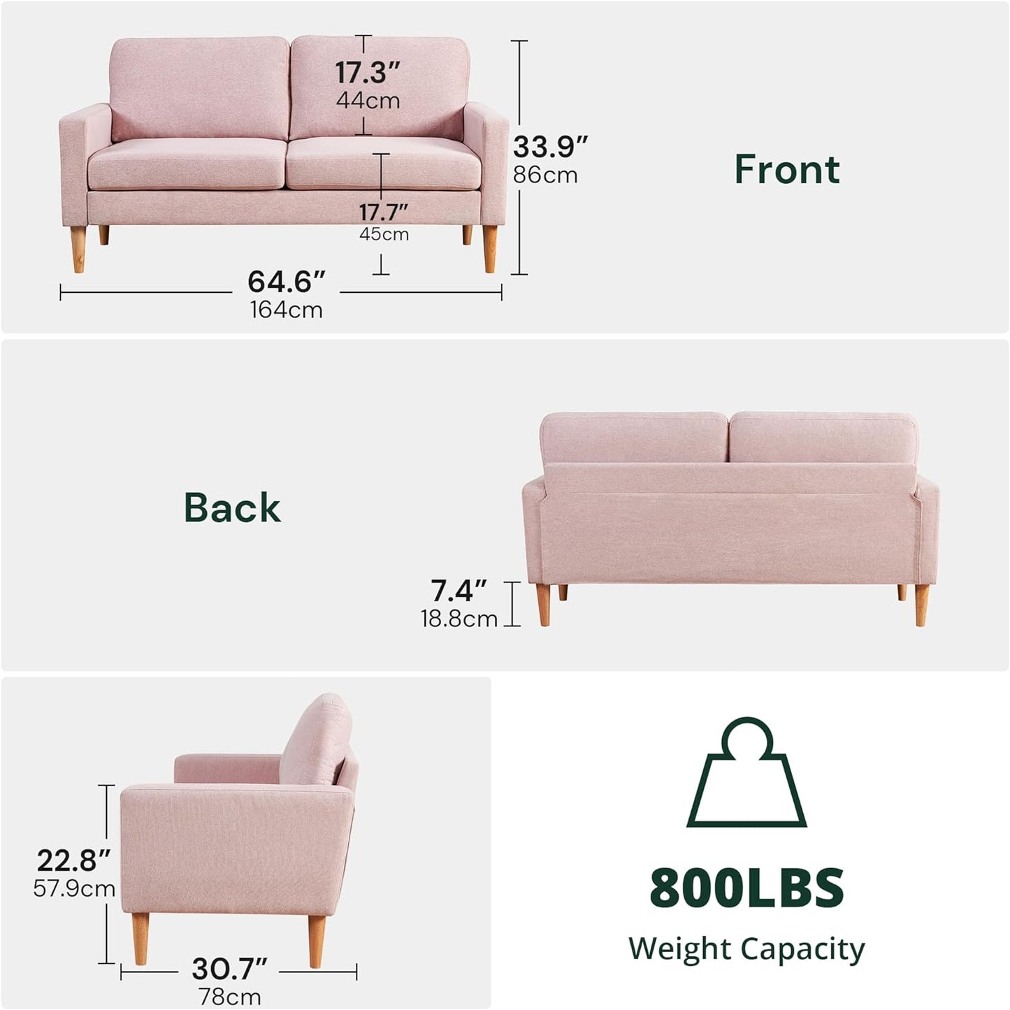Couch for Small Spaces, 65 Inch Loveseat Sofa 2 Seat Couches for Bedroom, Spring Upholstered Small Sofa Couch with Solid Wood Frame, Tool Free Installation