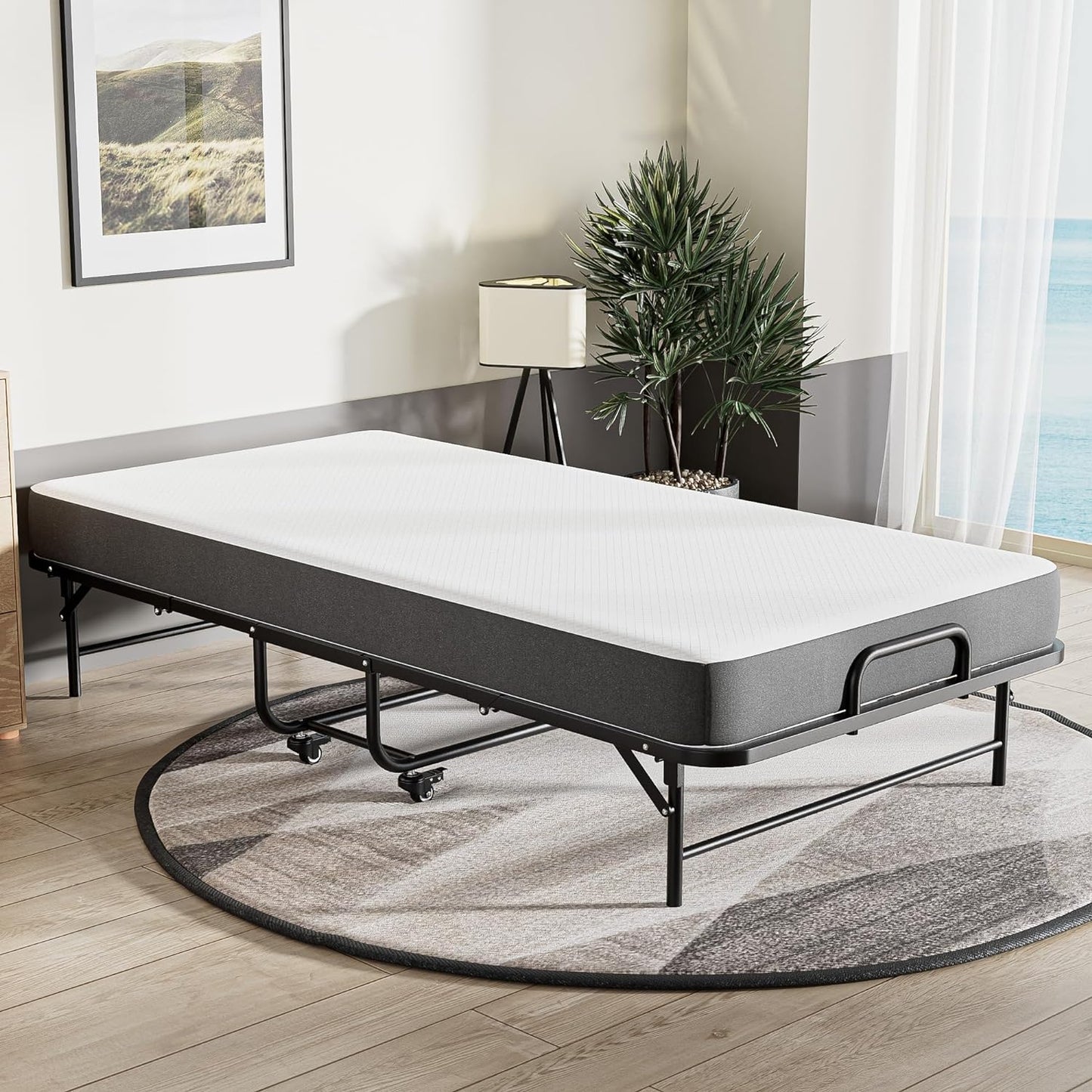 SunsGrove Twin Folding Bed with Mattress, 75" x 38" Folded Bed, Rollaway Bed Guest Bed Portable Foldable Extra Bed for Adults, Fold up Bed with 5" Memory Foam Mattress, Space-Saving Sturdy Metal Frame