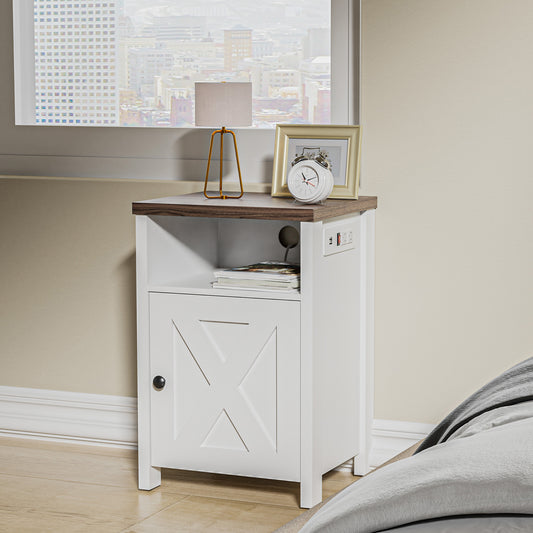 Cozy Castle Farmhouse Nightstands Set of 2 with Charging Station, White