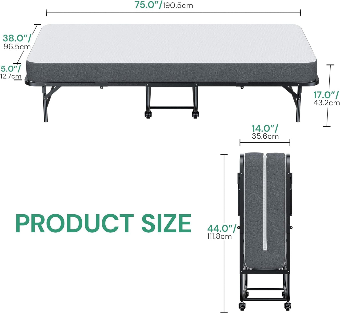 SunsGrove Twin Folding Bed with Mattress, 75" x 38" Folded Bed, Rollaway Bed Guest Bed Portable Foldable Extra Bed for Adults, Fold up Bed with 5" Memory Foam Mattress, Space-Saving Sturdy Metal Frame