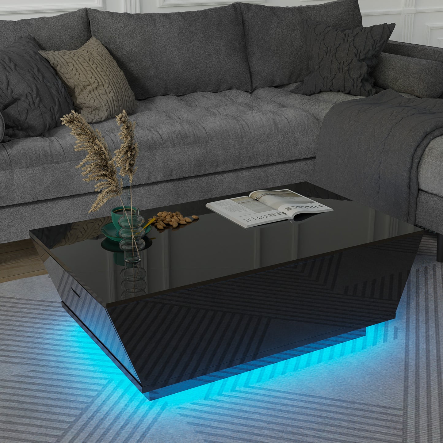 Modern Coffee Table with LED Lights, High Glossy Coffee Table with Storage Drawers