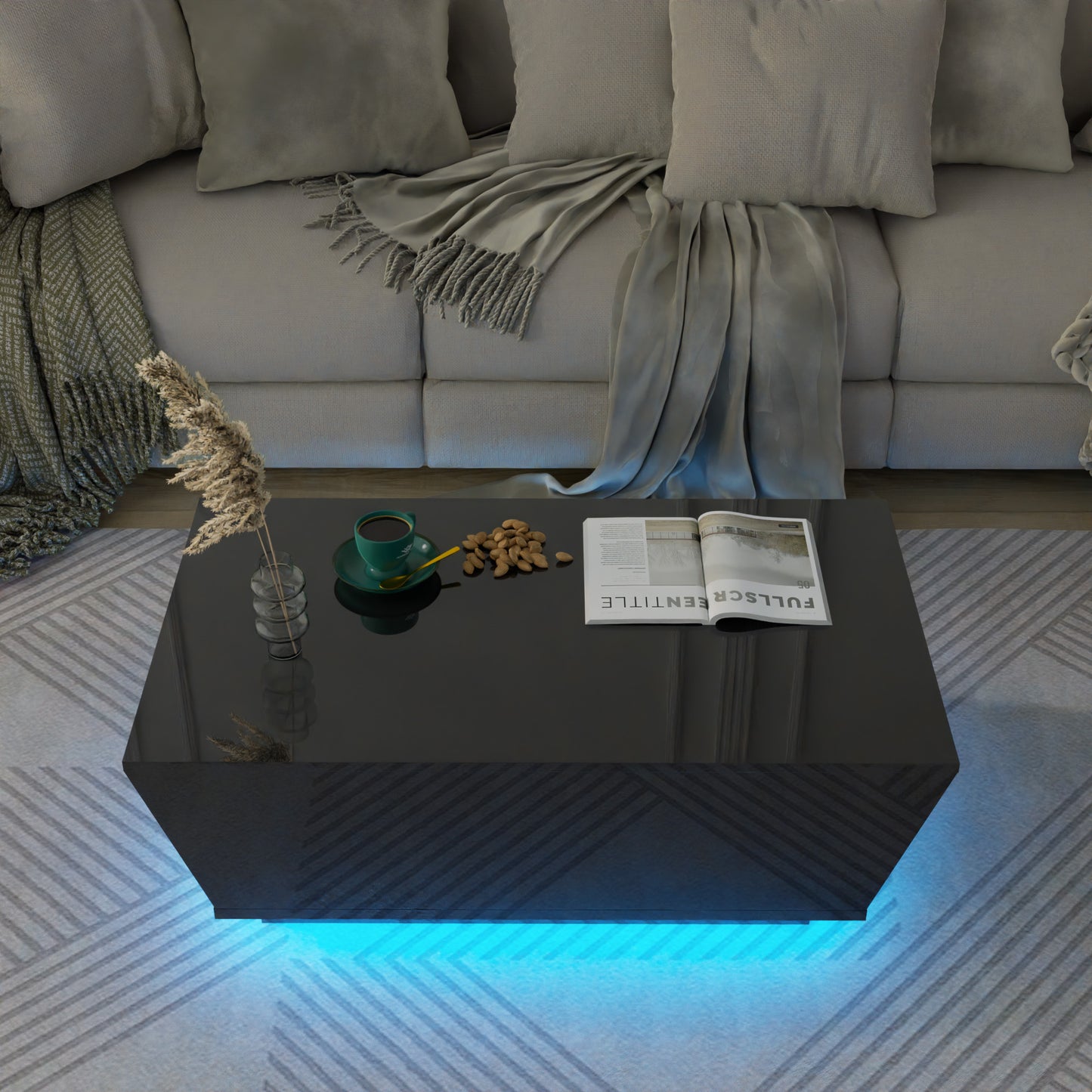 Modern Coffee Table with LED Lights, High Glossy Coffee Table with Storage Drawers