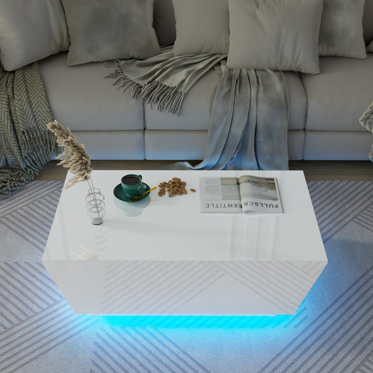 Modern Coffee Table with LED Lights, High Glossy Coffee Table with Storage Drawers