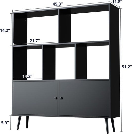 Cube Bookshelf, Mid-Century Modern Bookcase, 3 Tier Bookshelf with Doors, Storage Display Cabinet, Wood Bookshelf Organizer, Bookshelf for Bedroom, Living Room, Office