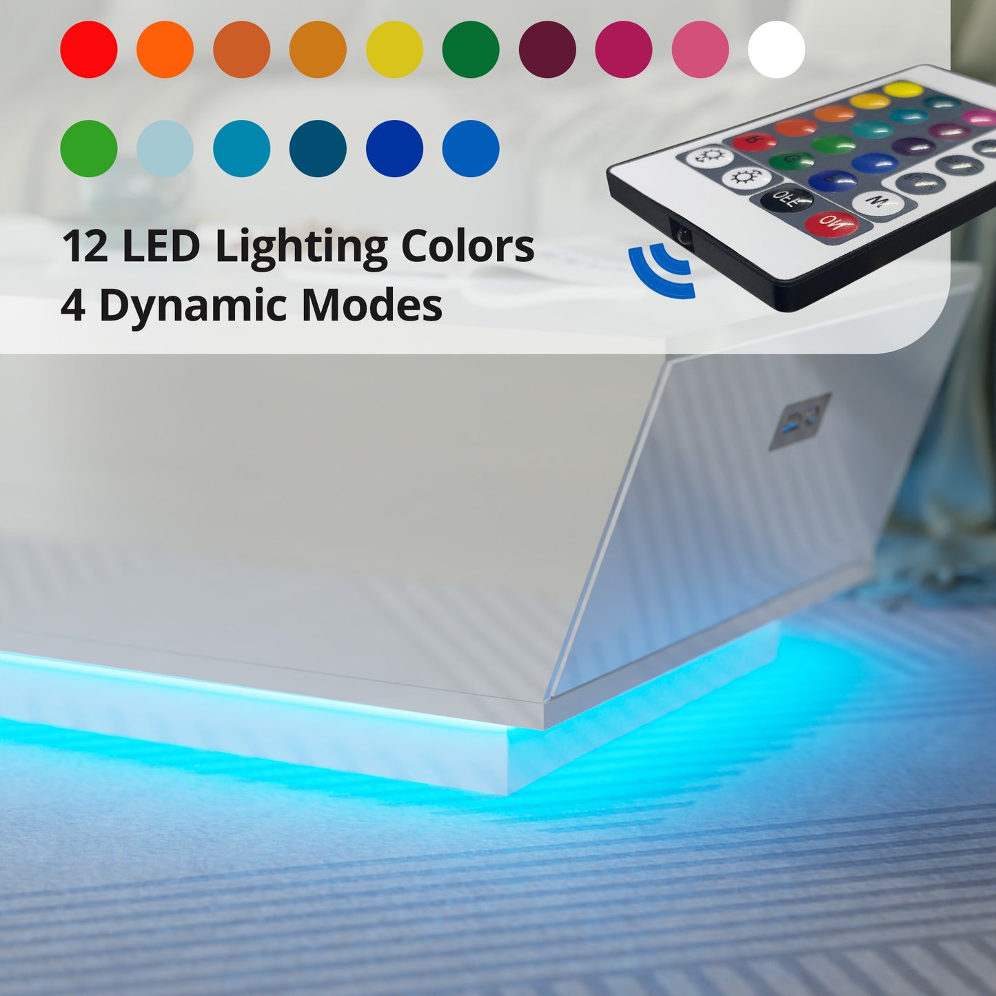 Modern Coffee Table with LED Lights, High Glossy Coffee Table with Storage Drawers