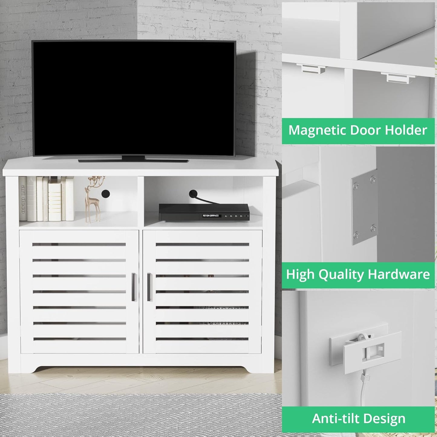 White Corner TV Stand for 50 Inch TV with Anti-Tilt Design
