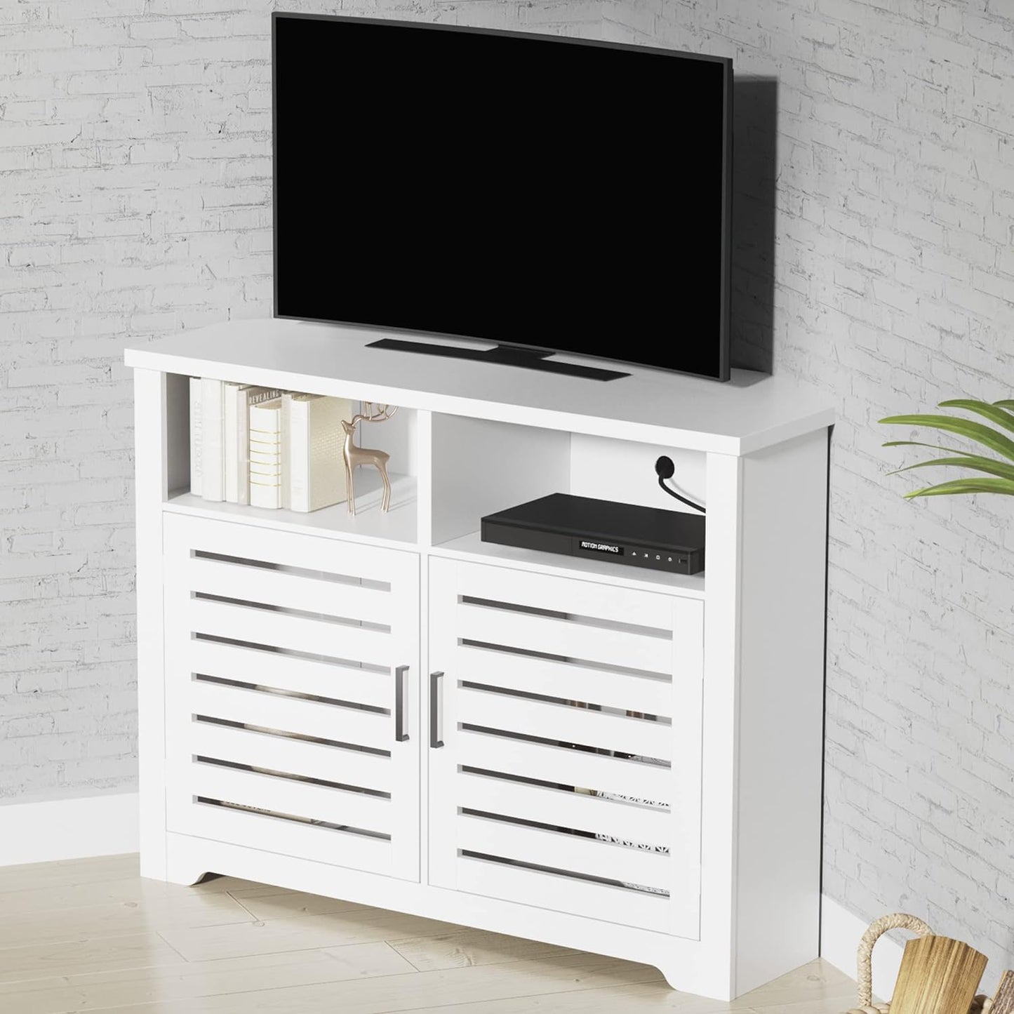 White Corner TV Stand for 50 Inch TV with Anti-Tilt Design