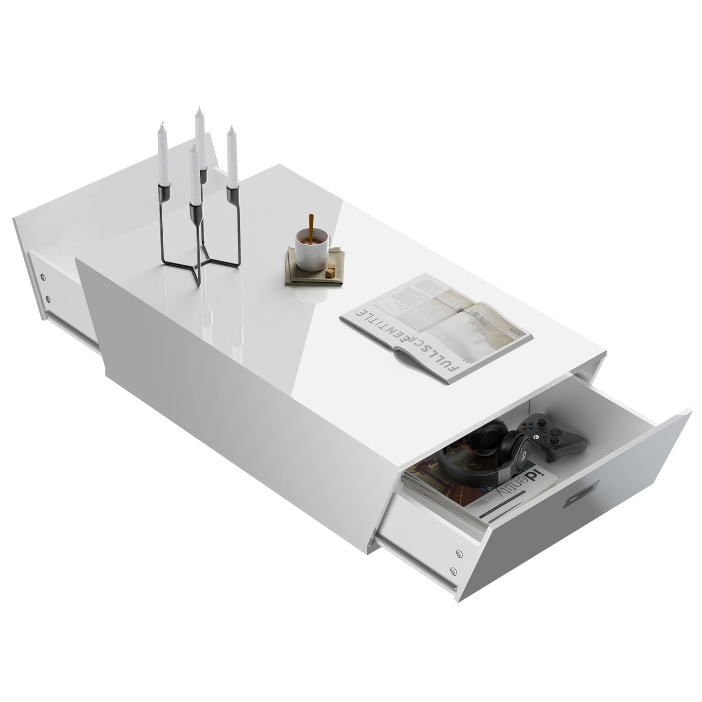 Modern Coffee Table with LED Lights, High Glossy Coffee Table with Storage Drawers