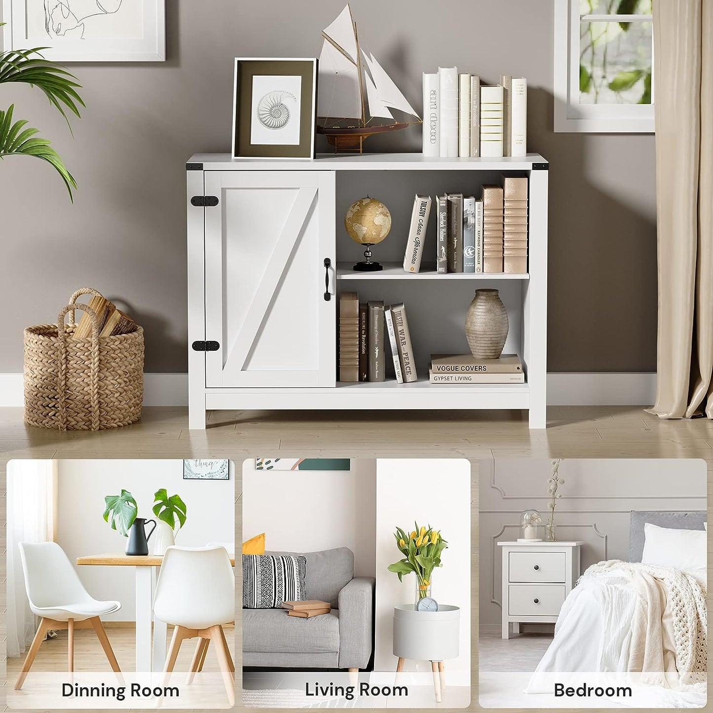 Buffet Storage Cabinet, White Storage Cabinet with Doors and Shelves, Farmhouse Sideboard Storage Cabinet for Living Room