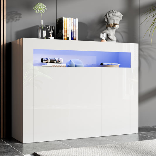 Modern Buffet Cabinet with LED Lights, High Glossy Sideboard Storage Cabinet with 3 Doors and Adjustable Shelf