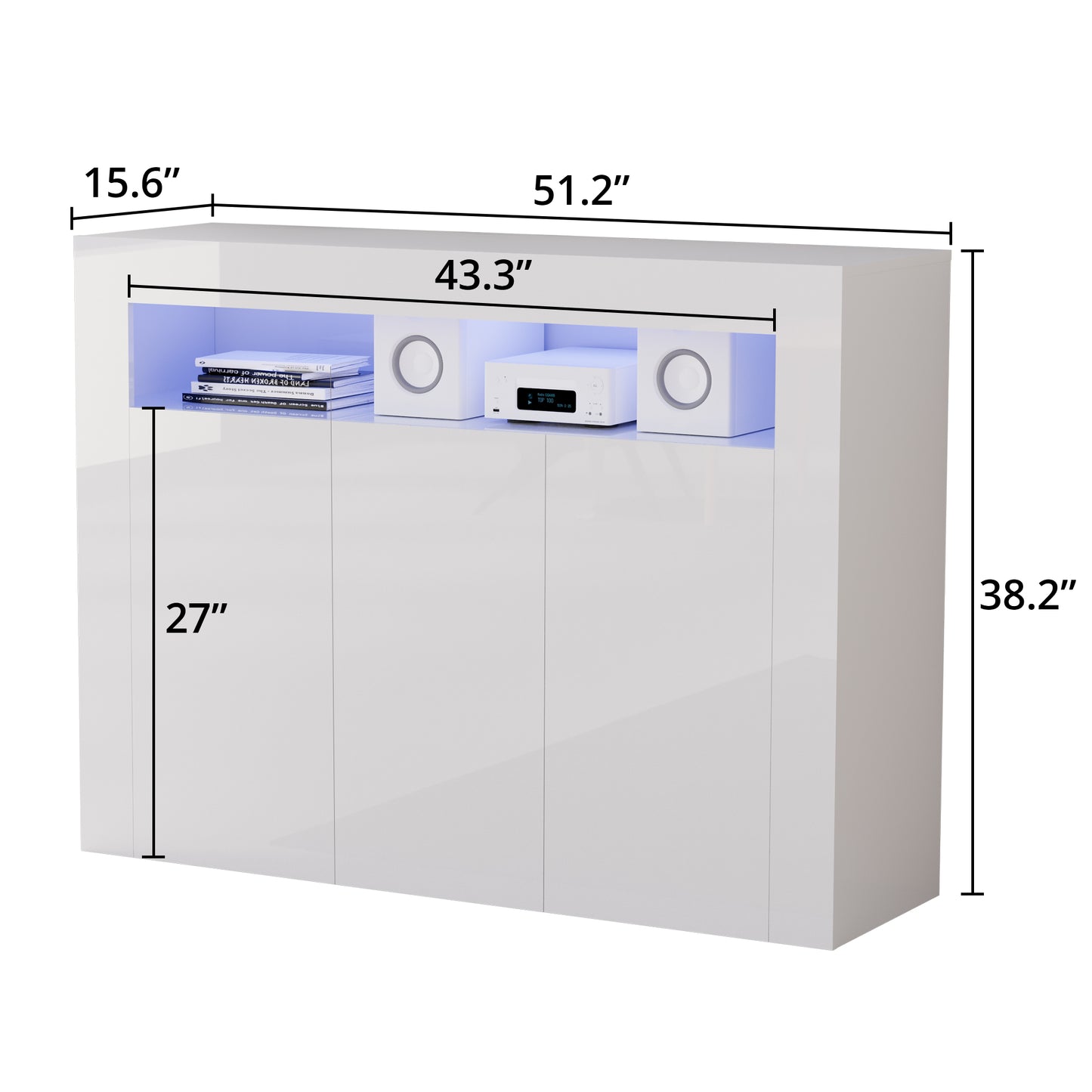 Modern Buffet Cabinet with LED Lights, High Glossy Sideboard Storage Cabinet with 3 Doors and Adjustable Shelf