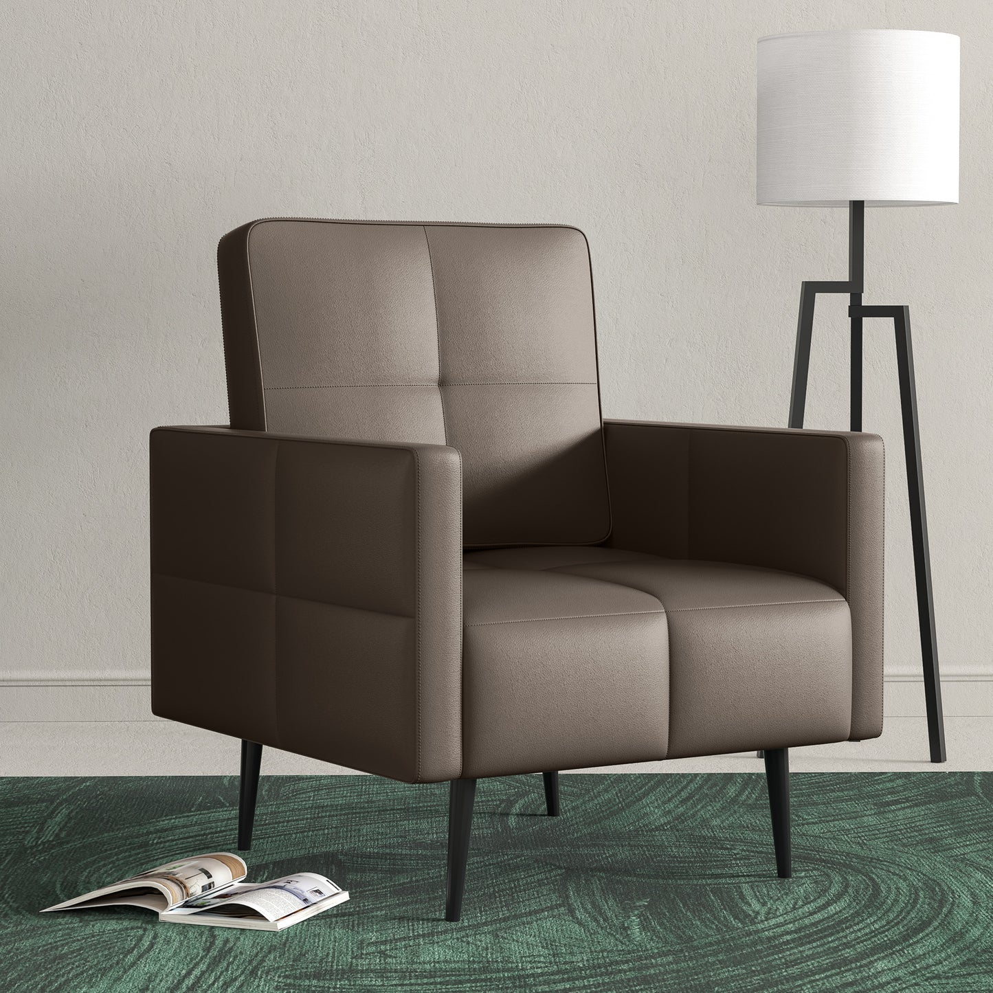 Faux Leather Accent Chair, Modern Small Living Room Chair, Comfy Upholstered Club Chair, Single Sofa for Bedroom, Beige