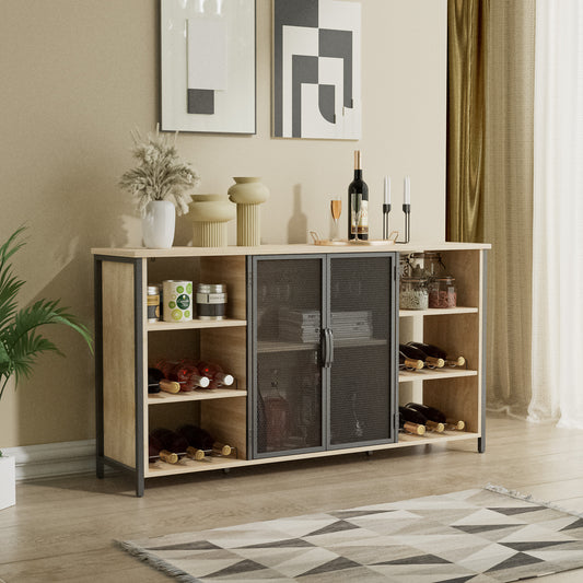 Cozy Castle Industrial Wine Bar Cabinet, Liquor Buffet Bar Cabinet with Wine Rack and Glass Holder, Coffee Bar Buffet Cabinet for Home Bar (55 Inch, Oak)