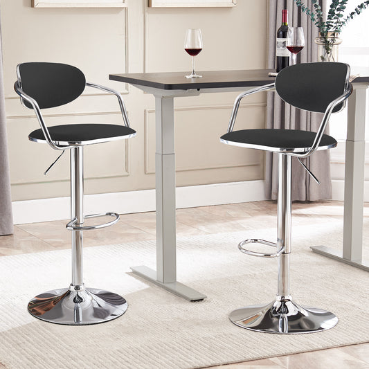 Bar Stools Set of 2, Counter Height Bar Stools with Back and Armrest, Fabric Adjustable Bar Stool Chair, Swivel Metal Bartools for Kitchen Counter, Black