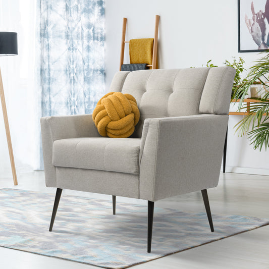 Mid Century Accent Chair, Comfy Linen Fabric Living Room Chair, Upholstered Club Reading Chair, Single Sofa for Bedroom, Beige
