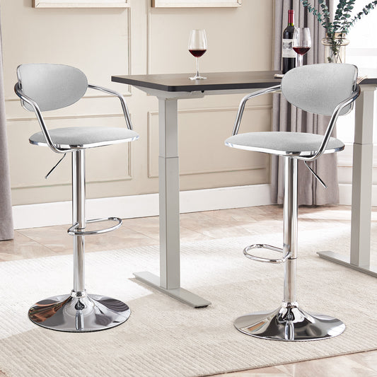 Bar Stools Set of 2, Counter Height Bar Stools with Back and Armrest, Fabric Adjustable Bar Stool Chair, Swivel Metal Bartools for Kitchen Counter, Light Grey