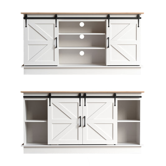 Cozy Castle Farmhouse TV Stand for 60/65/70 Inch TV, Sliding Barn Door Television Stands, Wood Entertainment Center with Adjustable Shelves, TV Console Tables for Living Room, Bedroom, White & Oak