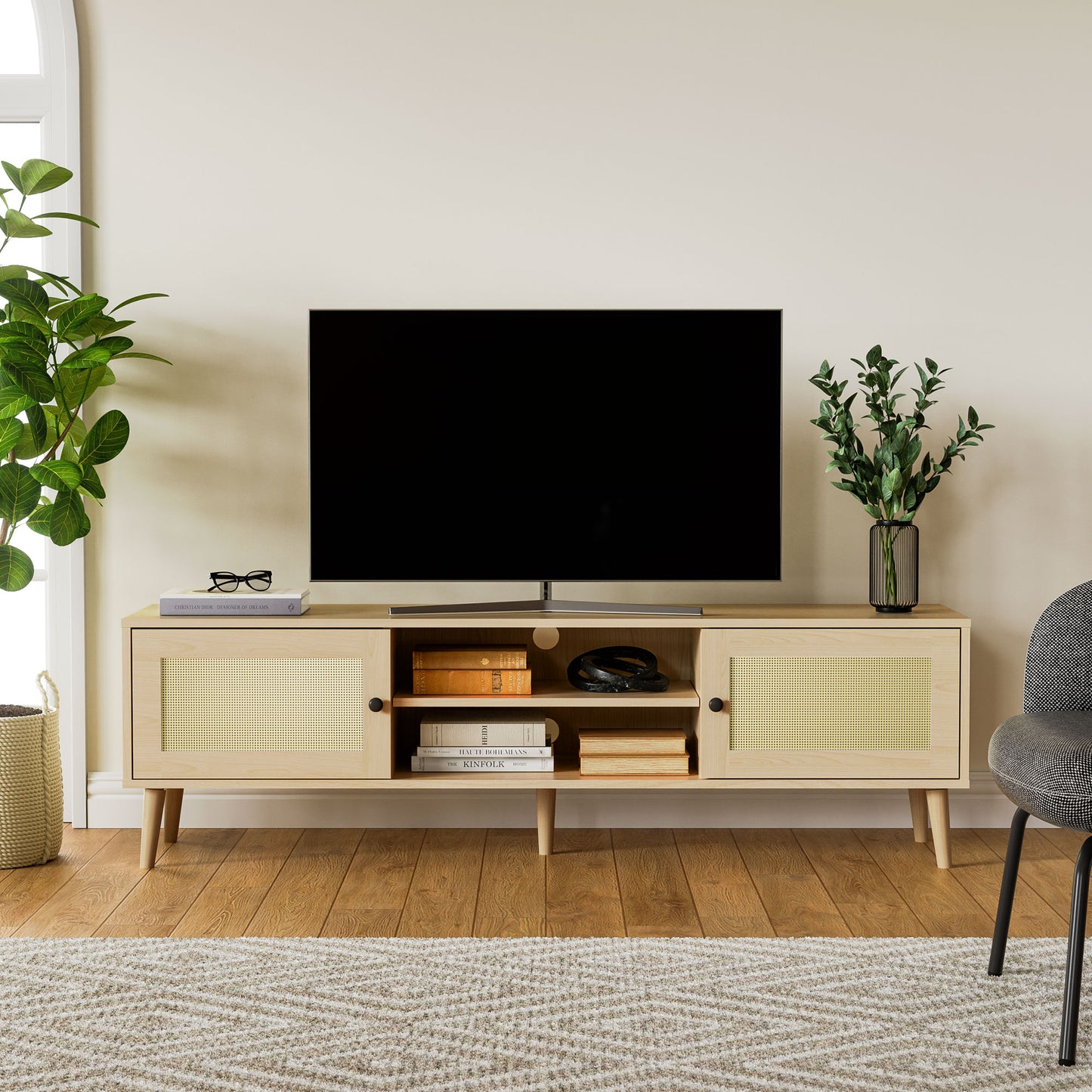 Cozy Castle Rattan TV Stand with Large Storage for 60/65 Inch TV