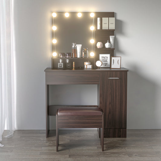 Black Vanity Table with DIY Lighted Mirror, Makeup Vanity Table Set with Drawer and Storage Cabinet, Dressing Table with Vanity Cushioned Stool for Bedroom, Makeup Room