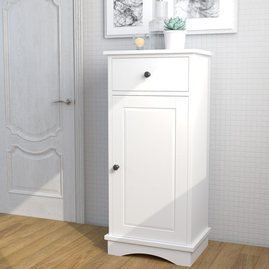 White Small Bathroom Storage Cabinet, Narrow Narrow End Table Side Table Cabinet with Door and Drawer, Freestanding Bathroom Floor Cabinet