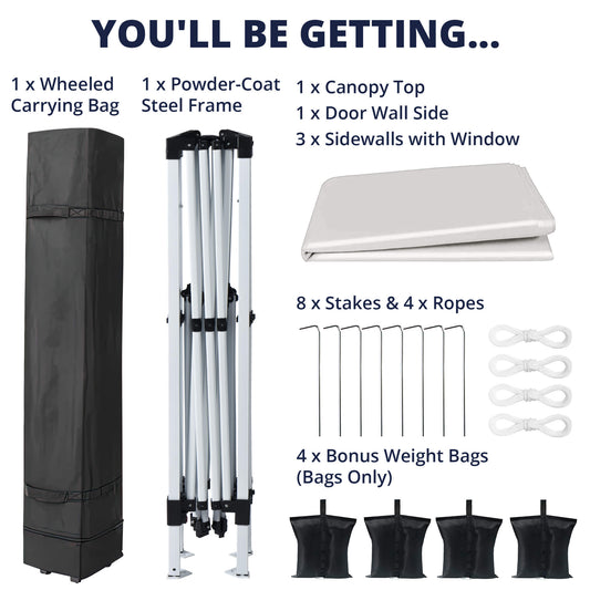 Canopy Tent with Sidewalls, 10x10ft Pop Up Canopy, Outdoor Patio Gazebo w/3 Church Window Sides, Wheeled Carry Case & Weight Bags, White