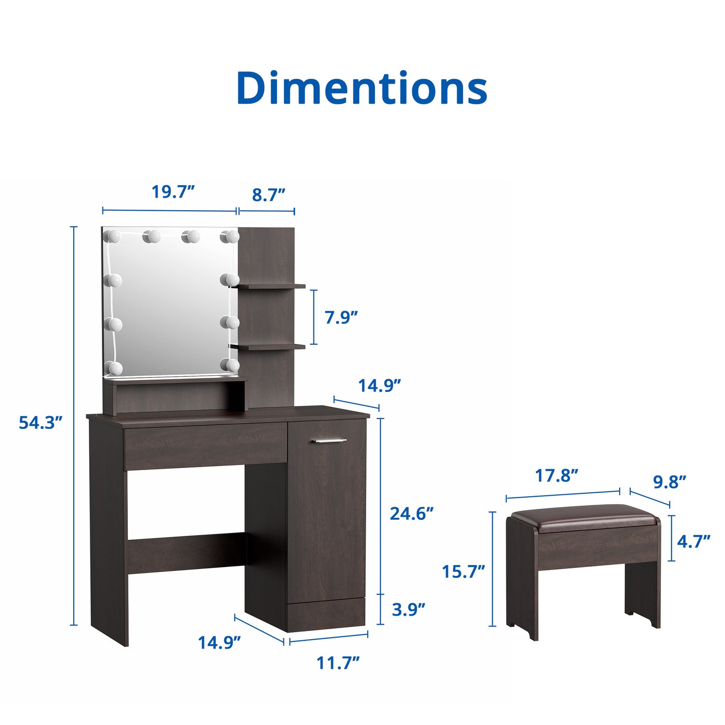 Black Vanity Table with DIY Lighted Mirror, Makeup Vanity Table Set with Drawer and Storage Cabinet, Dressing Table with Vanity Cushioned Stool for Bedroom, Makeup Room