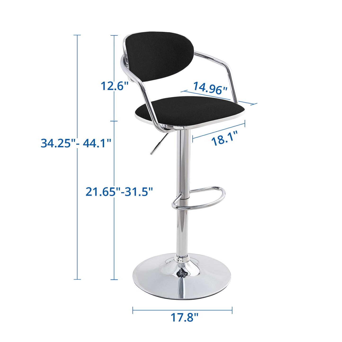 Bar Stools Set of 2, Counter Height Bar Stools with Back and Armrest, Fabric Adjustable Bar Stool Chair, Swivel Metal Bartools for Kitchen Counter, Black