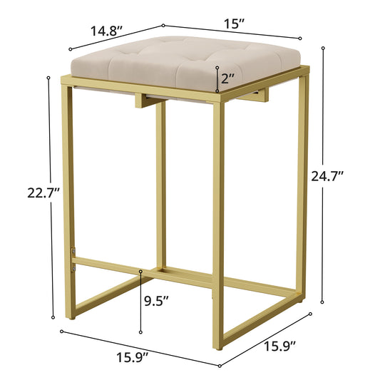 Cozy Castle Velvet Bar Stool, Square Tufted Counter Stool, 24 Inch Island Chairs for Kitchen Counter, Gold Frame Barstool Set of 2, Beige