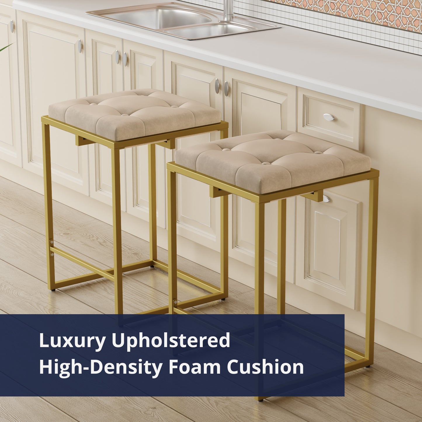 Cozy Castle Velvet Bar Stool, Square Tufted Counter Stool, 24 Inch Island Chairs for Kitchen Counter, Gold Frame Barstool Set of 2, Beige