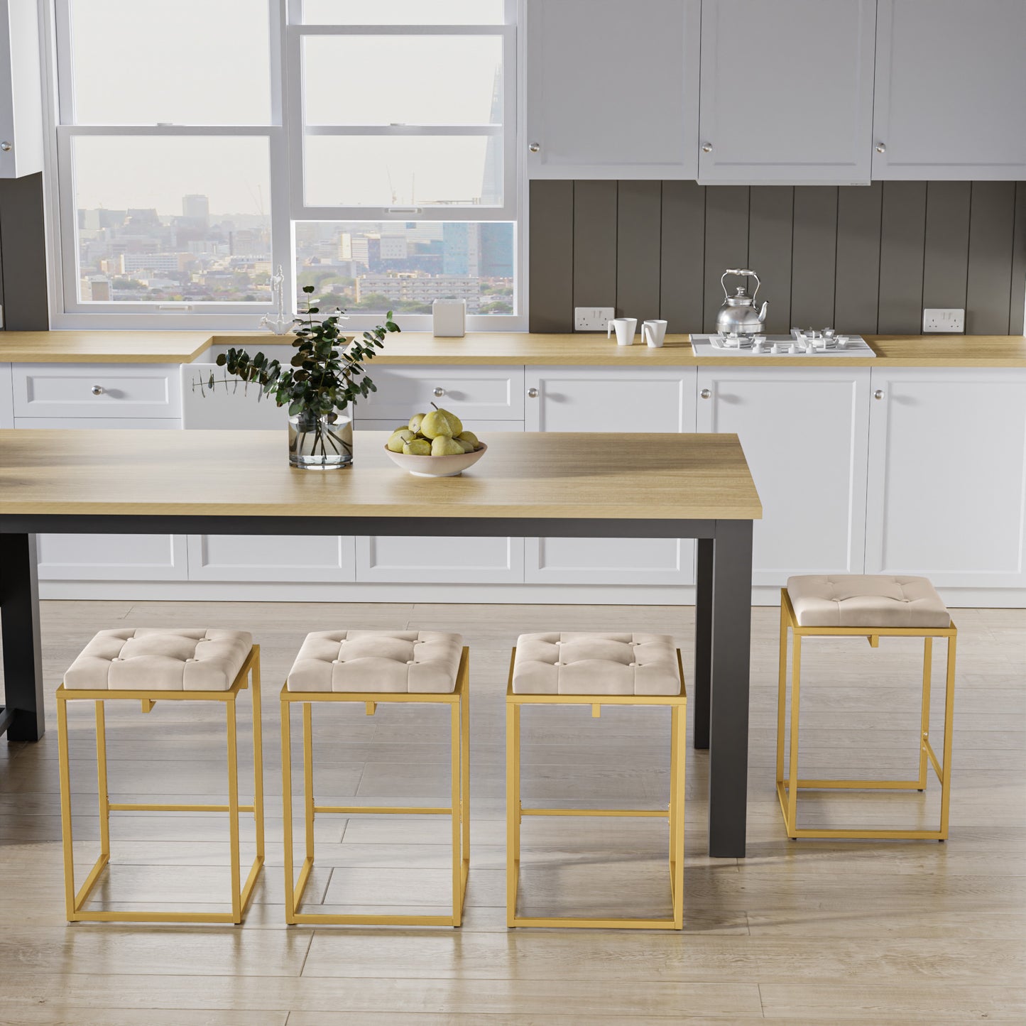 Cozy Castle Velvet Bar Stool, Square Tufted Counter Stool, 24 Inch Island Chairs for Kitchen Counter, Gold Frame Barstool Set of 2, Beige