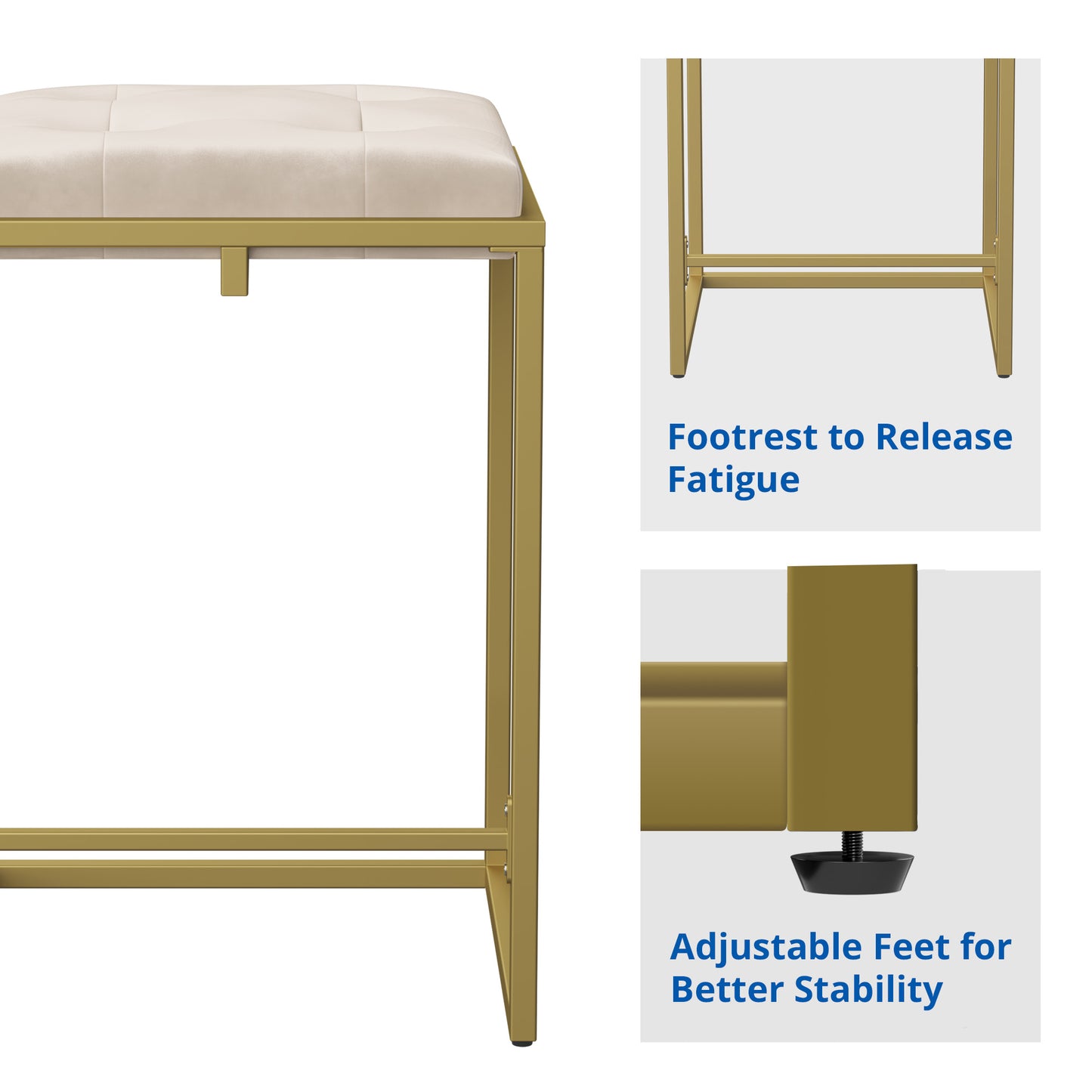 Cozy Castle Velvet Bar Stool, Square Tufted Counter Stool, 24 Inch Island Chairs for Kitchen Counter, Gold Frame Barstool Set of 2, Beige