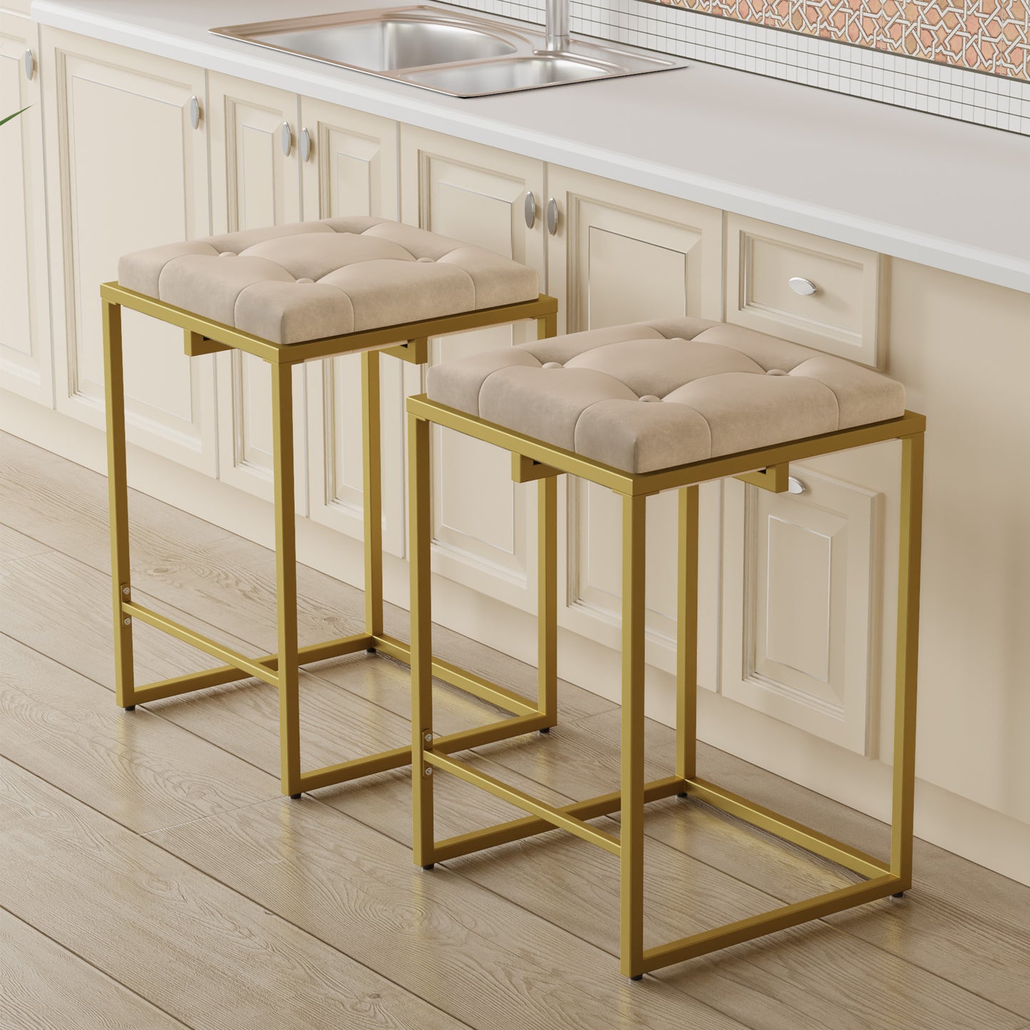 Cozy Castle Velvet Bar Stool, Square Tufted Counter Stool, 24 Inch Island Chairs for Kitchen Counter, Gold Frame Barstool Set of 2, Beige