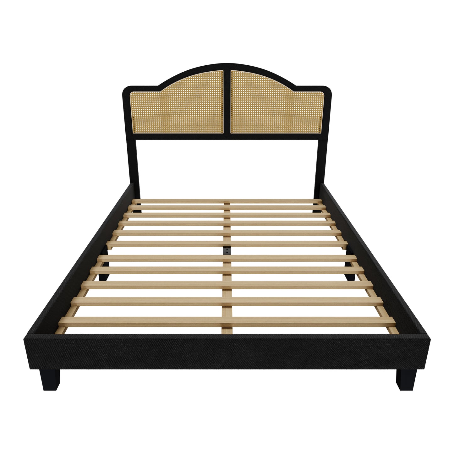 Cozy Castle Wooden Queen Size Bed Frame with Adjustable Rattan headboard, Boho Platform Bed Frame, No Box Spring Needed, Black