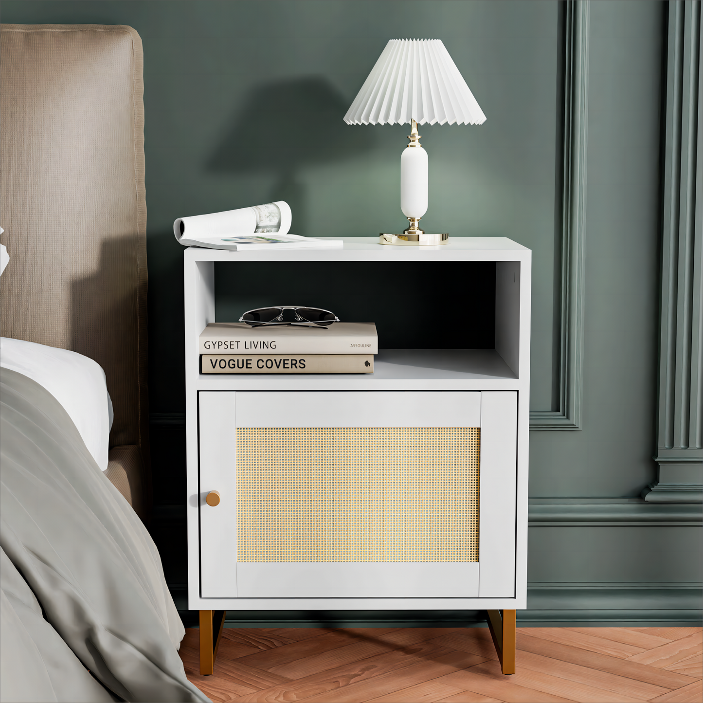 Cozy Castle Rattan Nightstand with Door, Modern Nightstand with Golden Frame for Bedroom, White