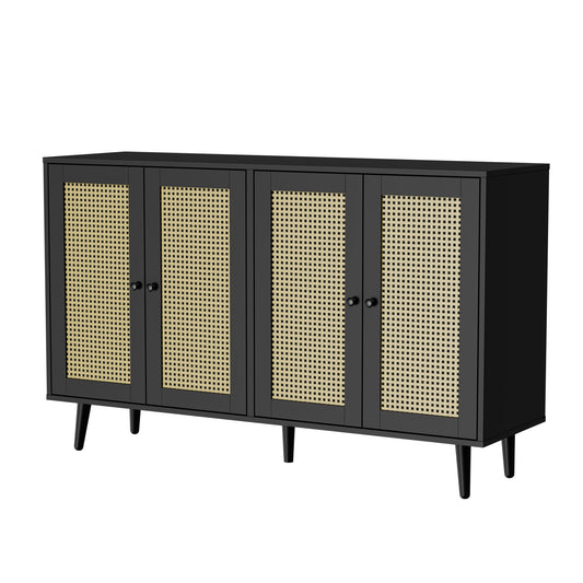 Cozy Castle Rattan Buffet Cabinet with Storage, Accent Sideboard Cabinet with 4 Rattan Doors, Black