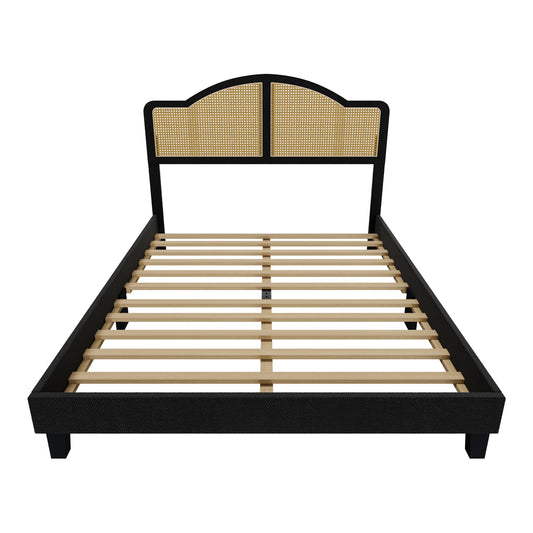 Cozy Castle Wooden Queen Size Bed Frame with Adjustable Rattan headboard, Boho Platform Bed Frame, No Box Spring Needed, Black
