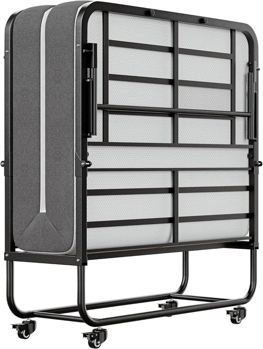 SunsGrove Twin Folding Bed with Mattress, 75" x 38" Folded Bed, Rollaway Bed Guest Bed Portable Foldable Extra Bed for Adults, Fold up Bed with 5" Memory Foam Mattress, Space-Saving Sturdy Metal Frame