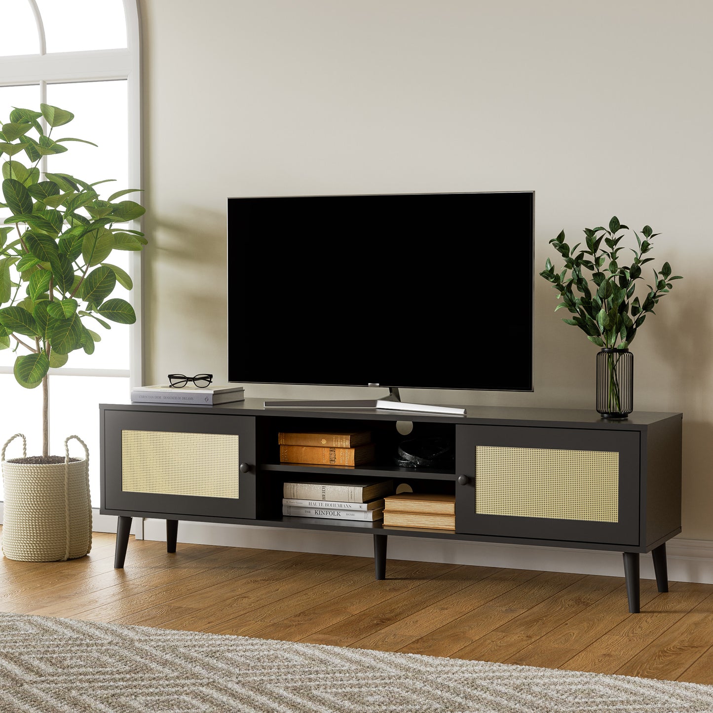 Cozy Castle Rattan TV Stand with Large Storage for 60/65 Inch TV