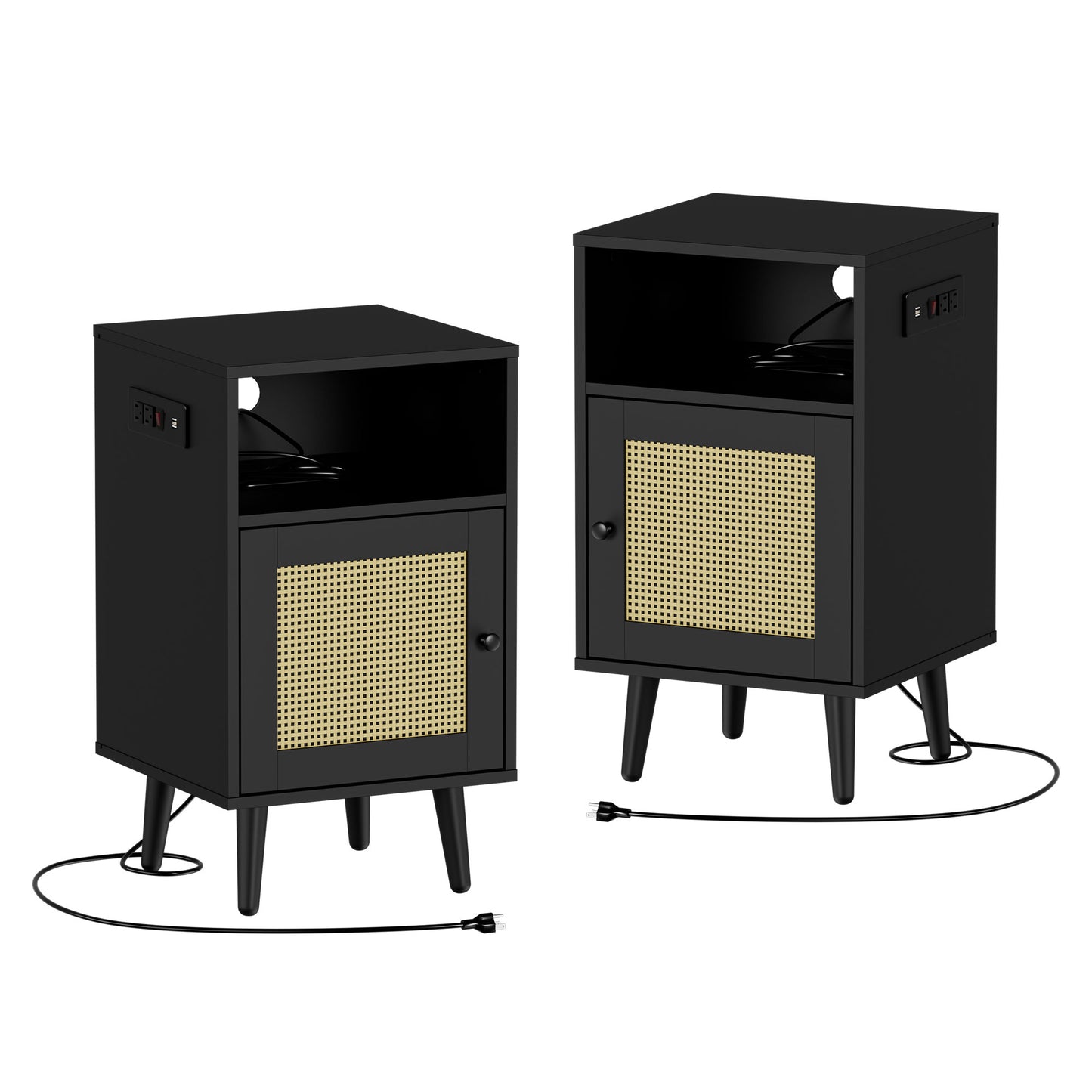 Rattan Nightstand Set of 2 with Charging Station