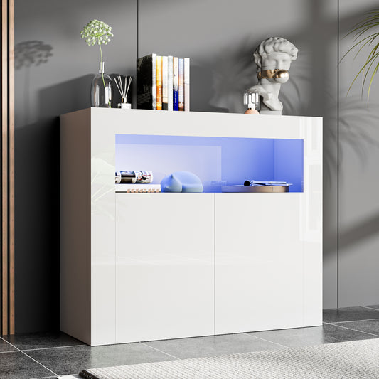 Modern Buffet Cabinet with LED Lights, High Glossy Sideboard Storage Cabinet with 2 Doors and Adjustable Shelf