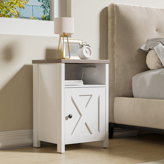 Cozy Castle Farmhouse Nightstands Set of 2 with Charging Station, White