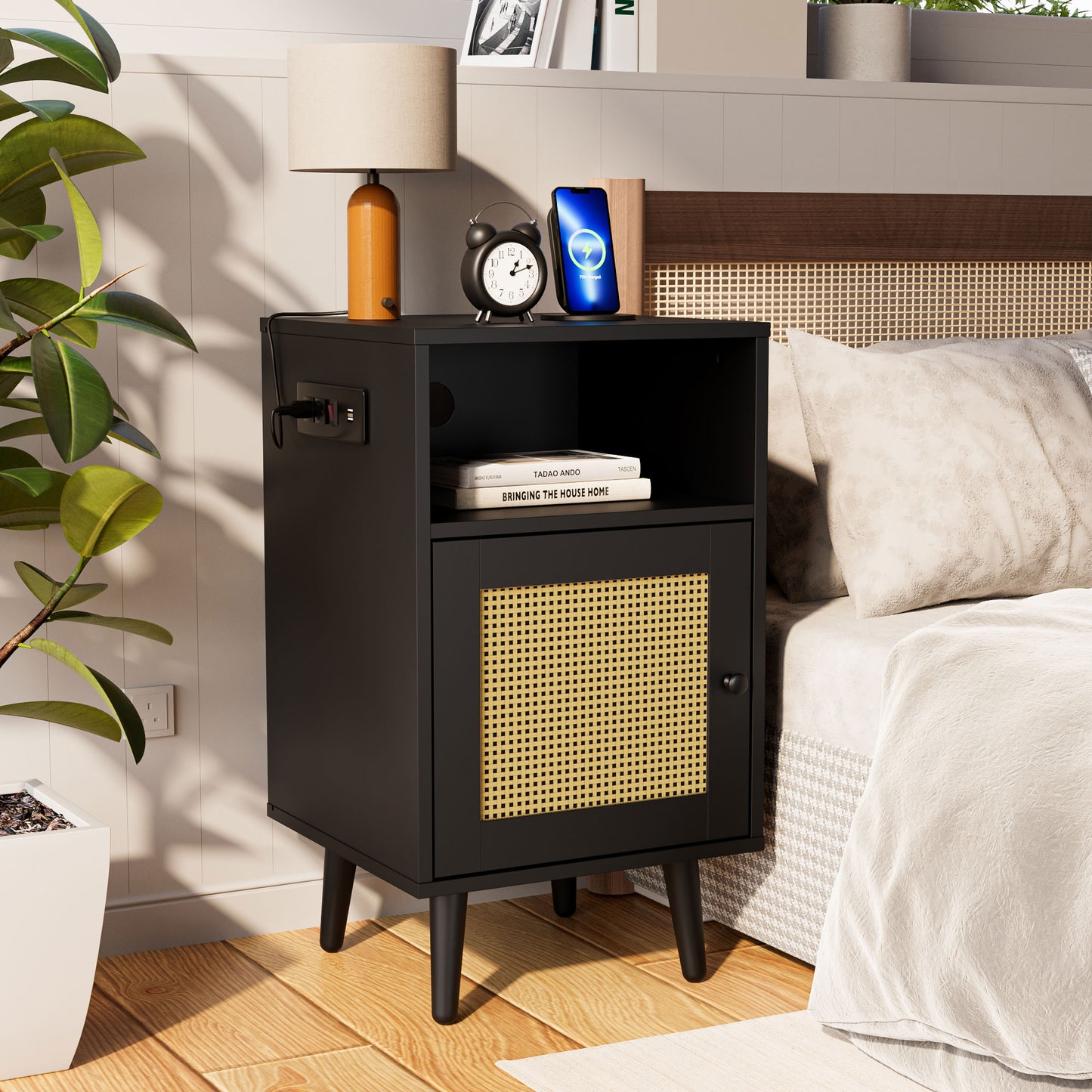 Rattan Nightstand Set of 2 with Charging Station
