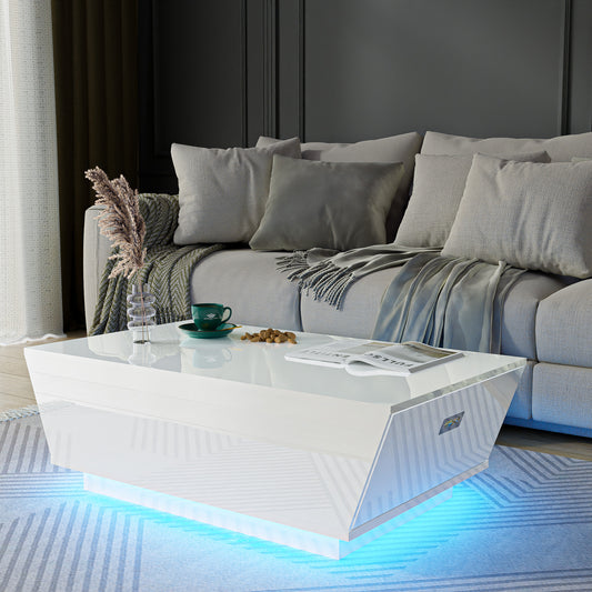 Modern Coffee Table with LED Lights, High Glossy Coffee Table with Storage Drawers