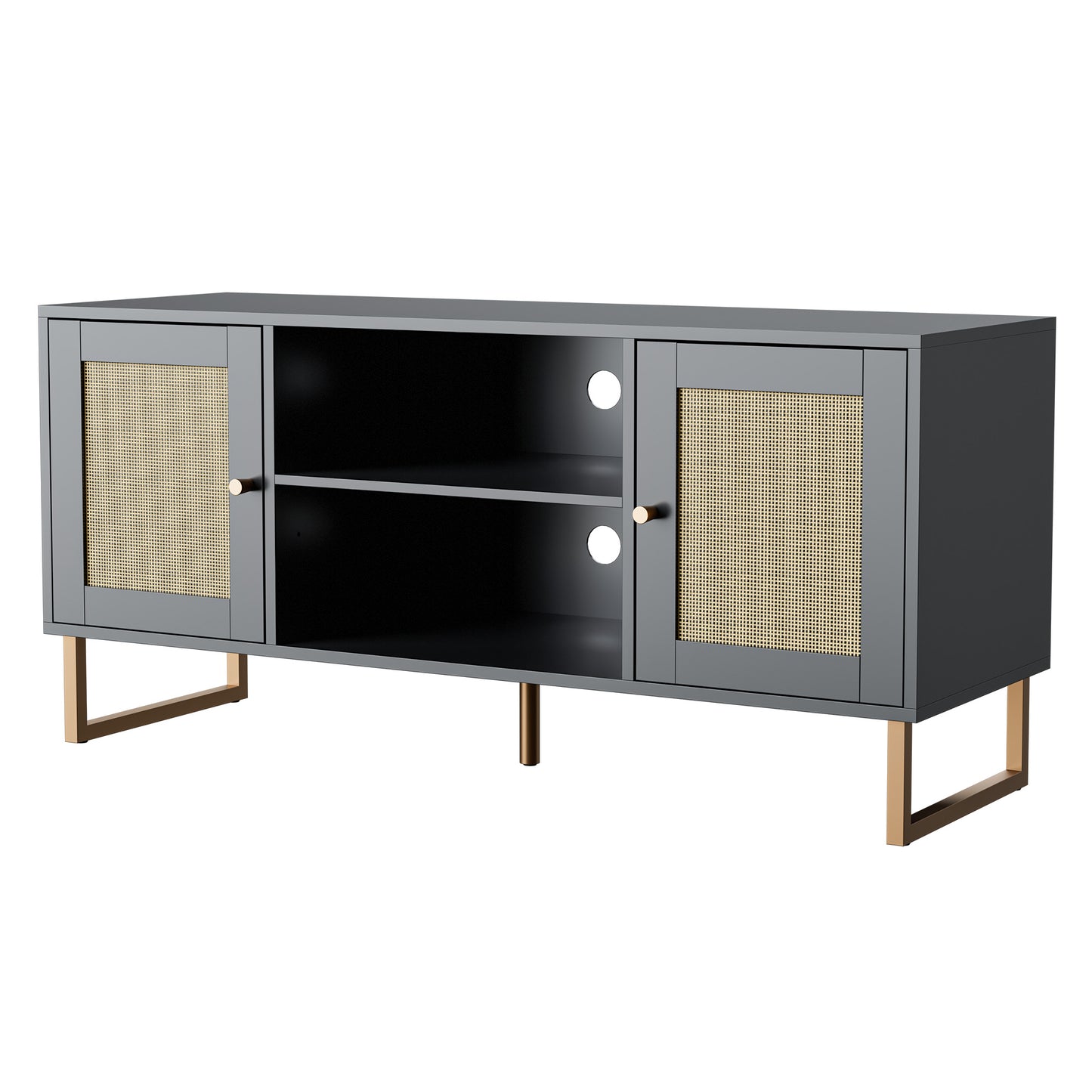 Rattan TV Stand for 50/55 inch TV, Entertainment Center with Golden Legs and Metals