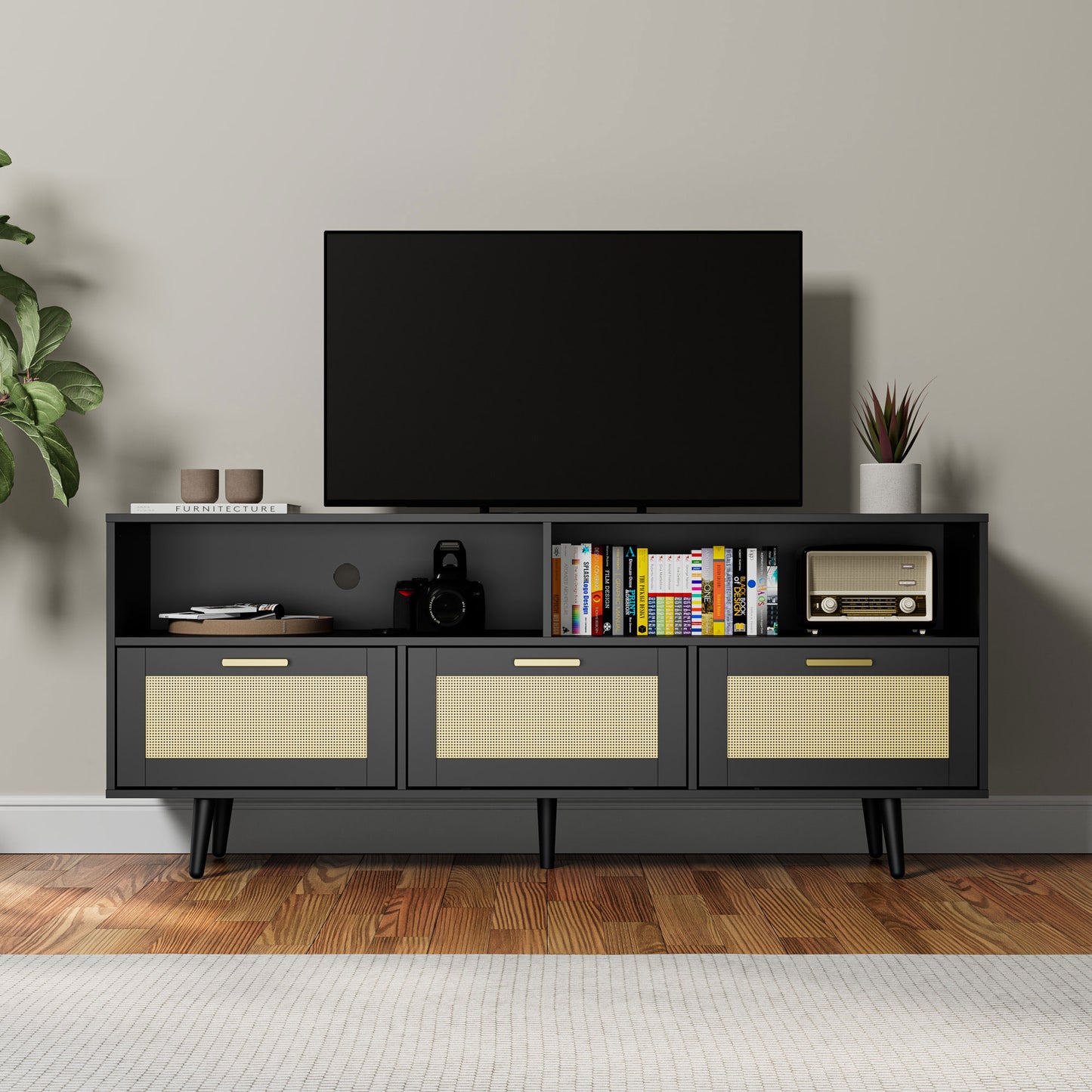 Cozy Castle Rattan TV Stand with Storage for 65/70 Inch TV