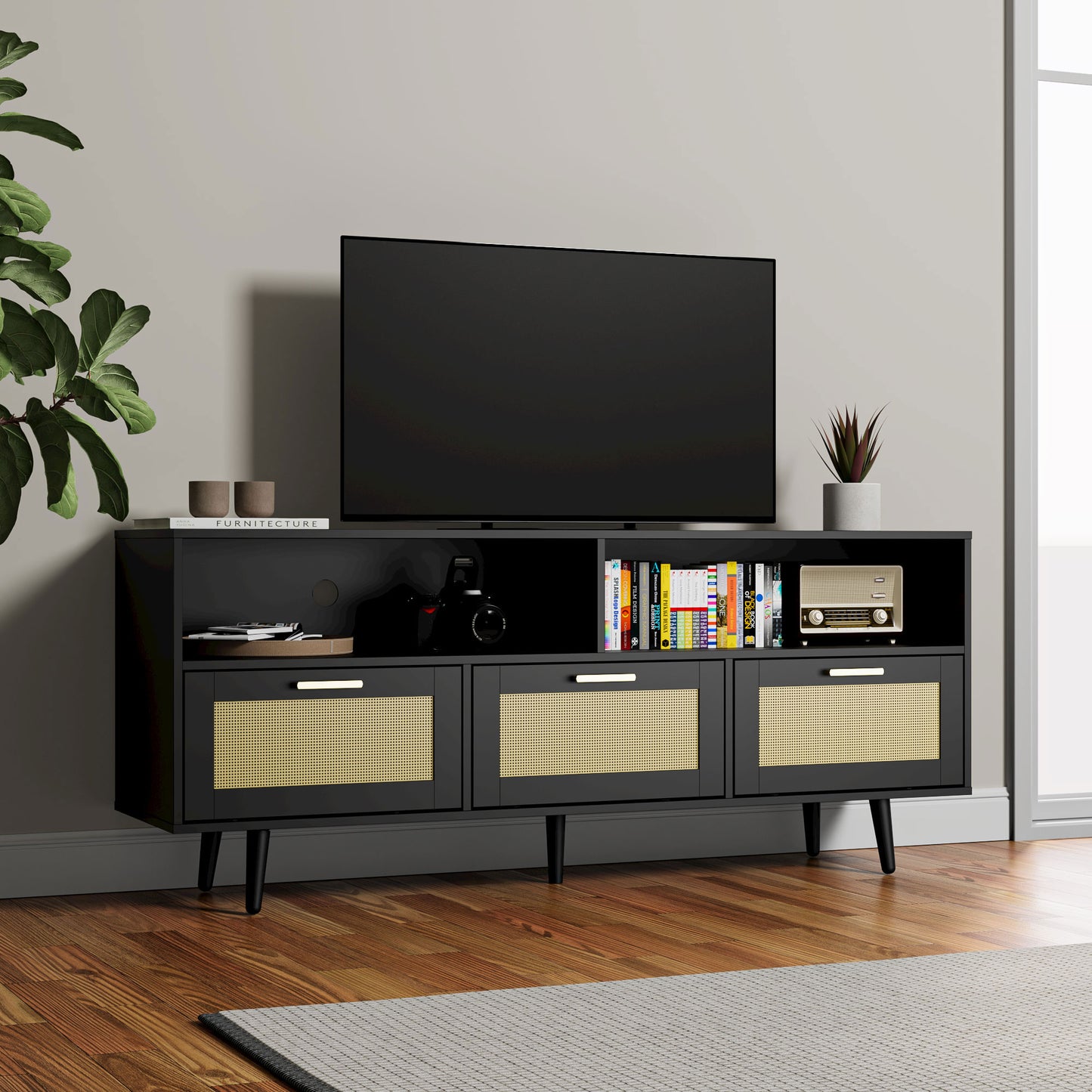 Cozy Castle Rattan TV Stand with Storage for 65/70 Inch TV