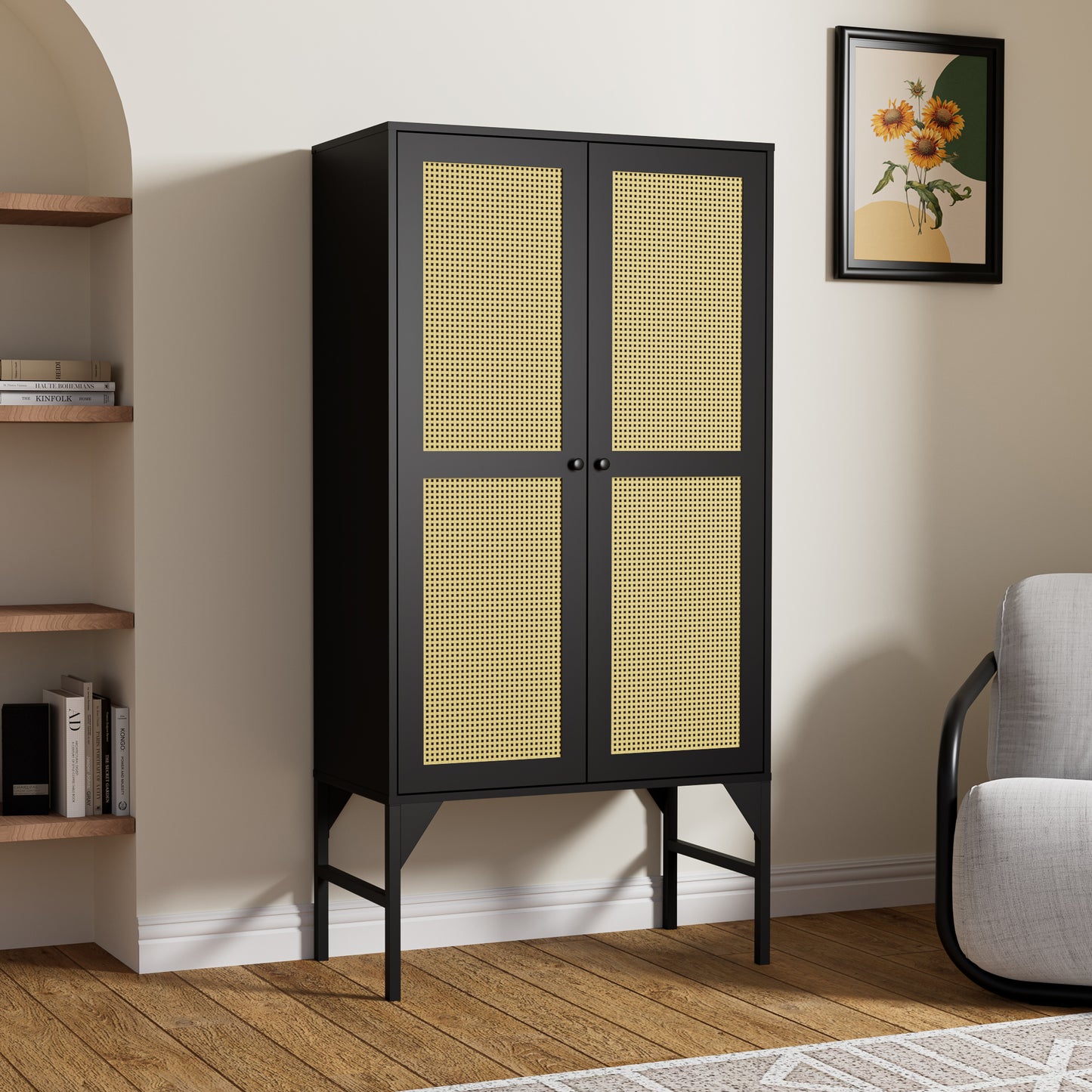 63" Rattan Storage Cabinet with Doors and Adjustable Shelves