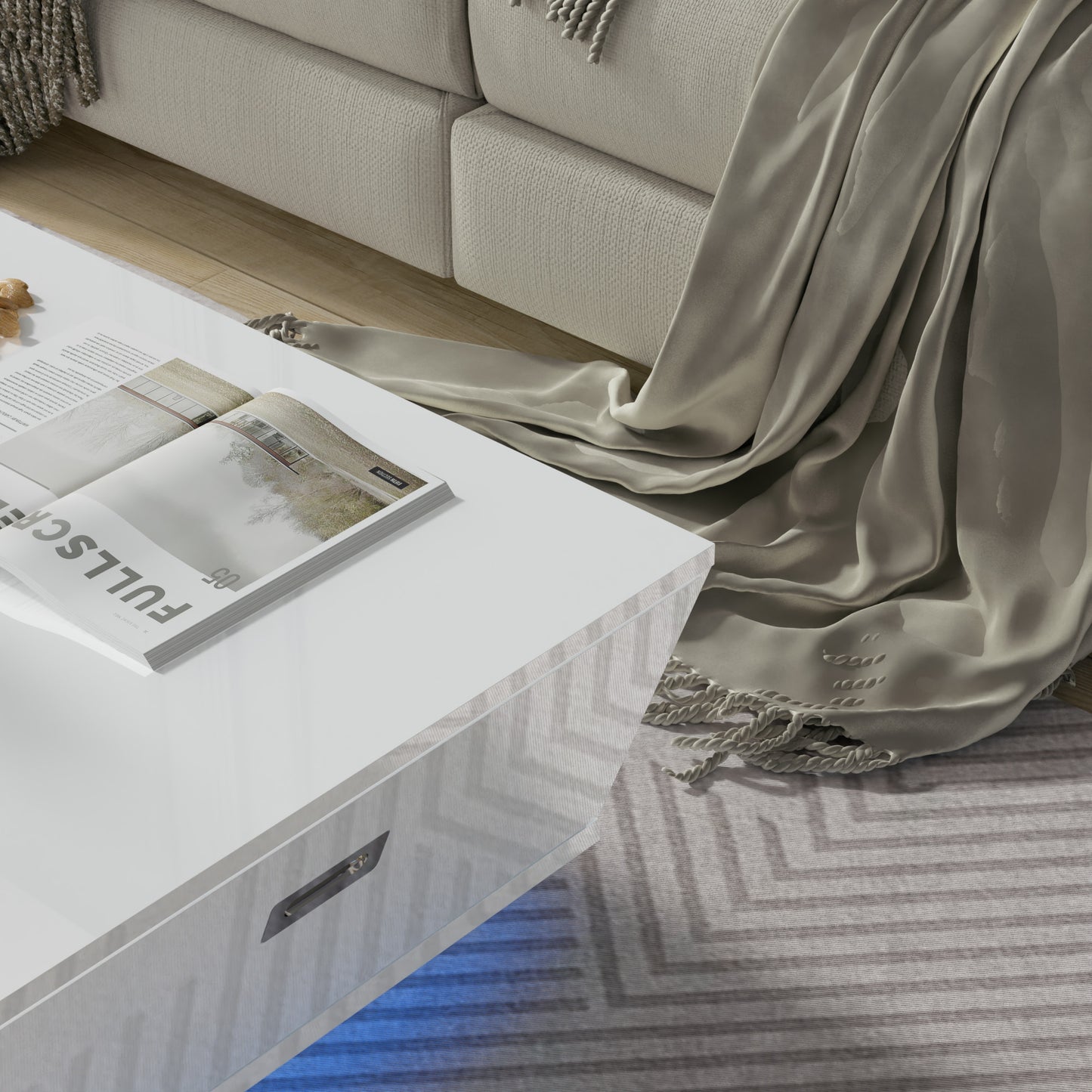 Modern Coffee Table with LED Lights, High Glossy Coffee Table with Storage Drawers